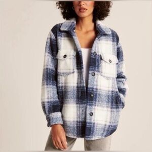 Abercrombie and Fitch A&F Blue White Plaid Soft Sherpa Shacket Jacket Coat S